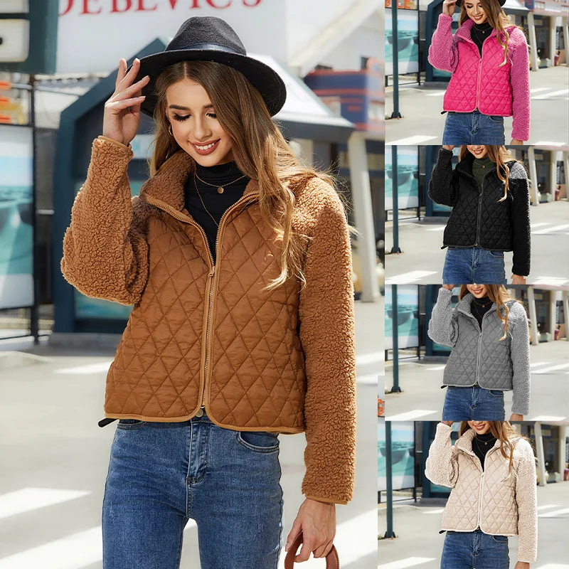 

Autumn Winter New Fashion Zipper Women Long Sleeve Plush Coat Simple Splicing Collar Female Casual Jacket