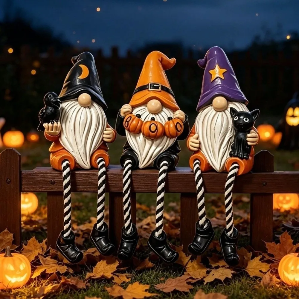 Hand-Painted Halloween Gnome Shelf Sitter Resin Pumpkin Dangling Leg Gnome Statue Spooky Striped Legs
