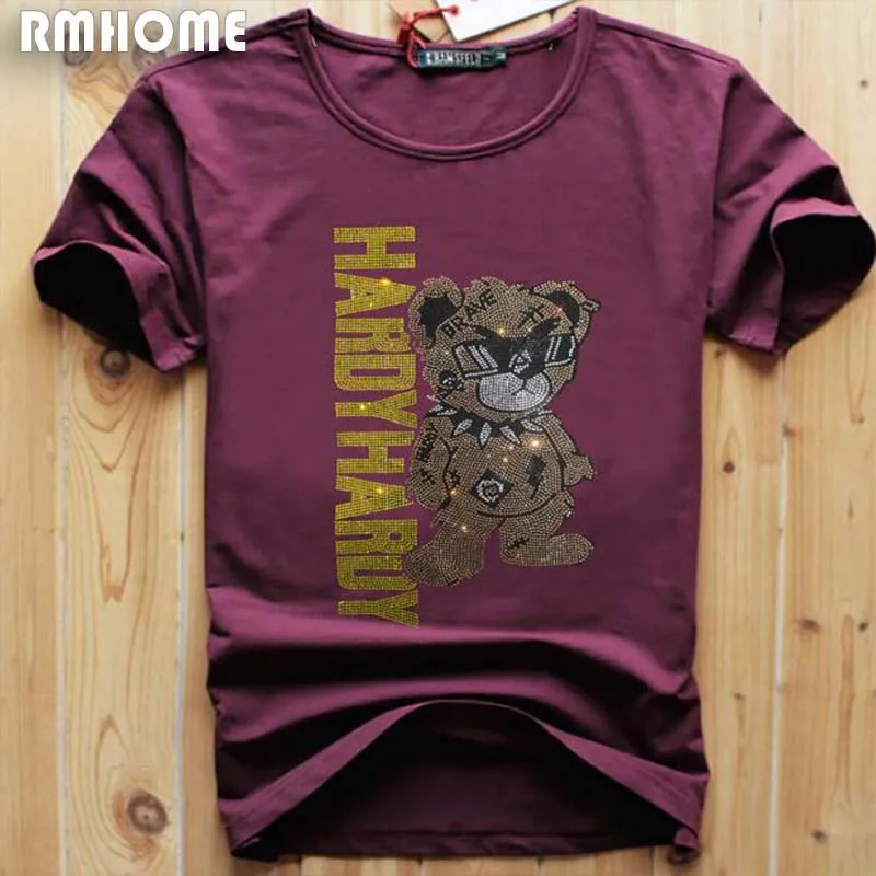 Men\'s Rhinestone T-shirt Trendy Bear Pattern Design Cotton Male Short Sleeves Tees Summer Homme Tops Casual Streetwear Clothing