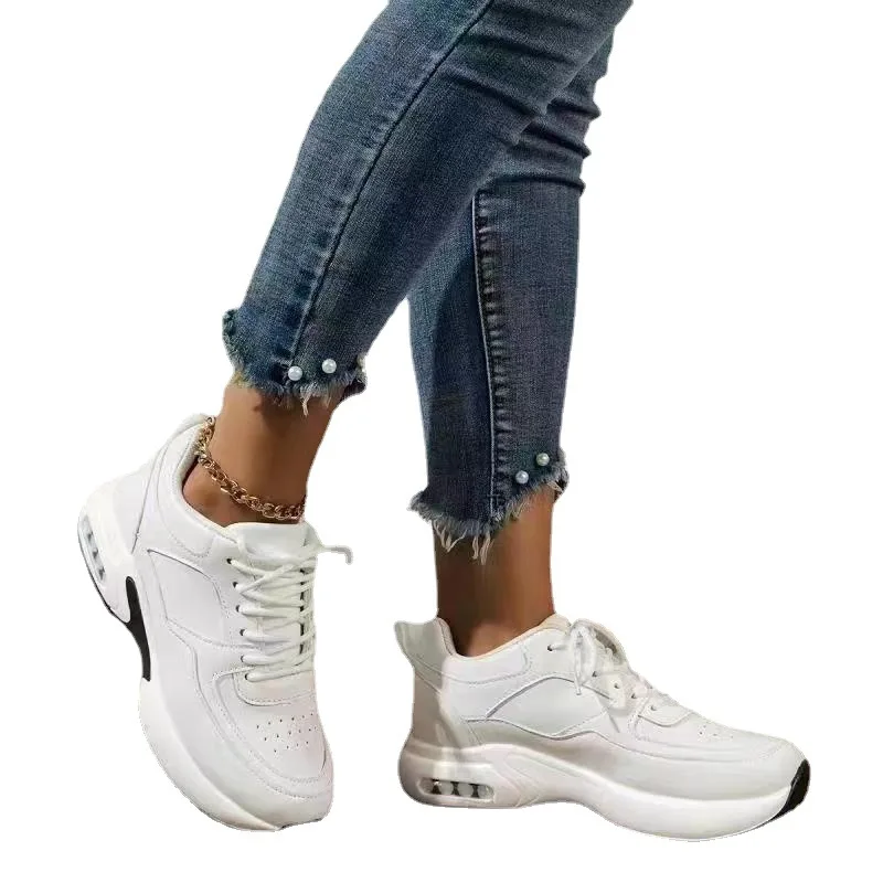 Sapatilhas grossas para mulheres, sapatos esportivos de plataforma, fundo grosso, com renda para cima, sapatos vulcanizados, plus size, moda outono, 2023