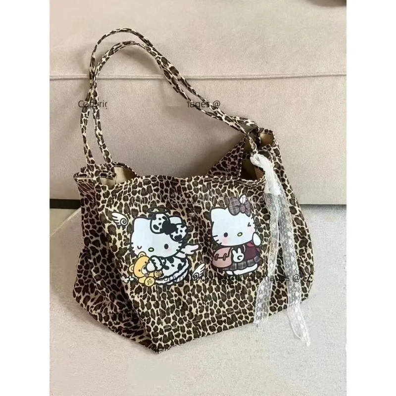 Bolso de hombro con estampado de leopardo de Hello Kitty americano para mujer, bolso de mano de gran capacidad para estudiantes, bolsos de compras