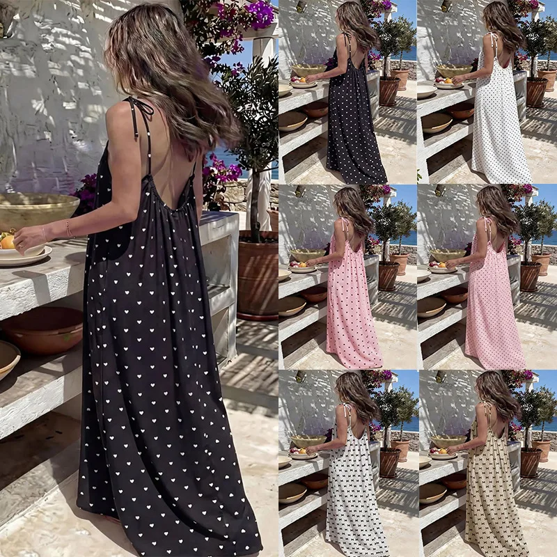 Loose Lover Heart Printed Strapless Maxi Dress For Women Casual Beachwear Home Clothes Summer Sexy Backless Oversized Long Dress