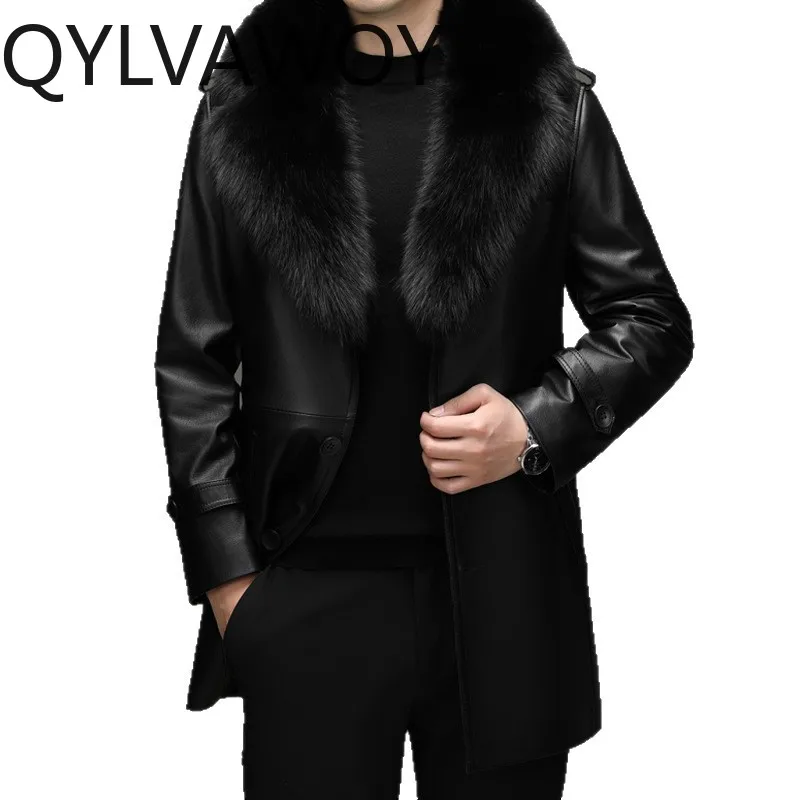 

QYLVAWOY Real Cowhide Leather Jackets Man Mid-length Coat Shearling Leather Jacket Fox Fur Collar Jackets for Man Stylish Casual