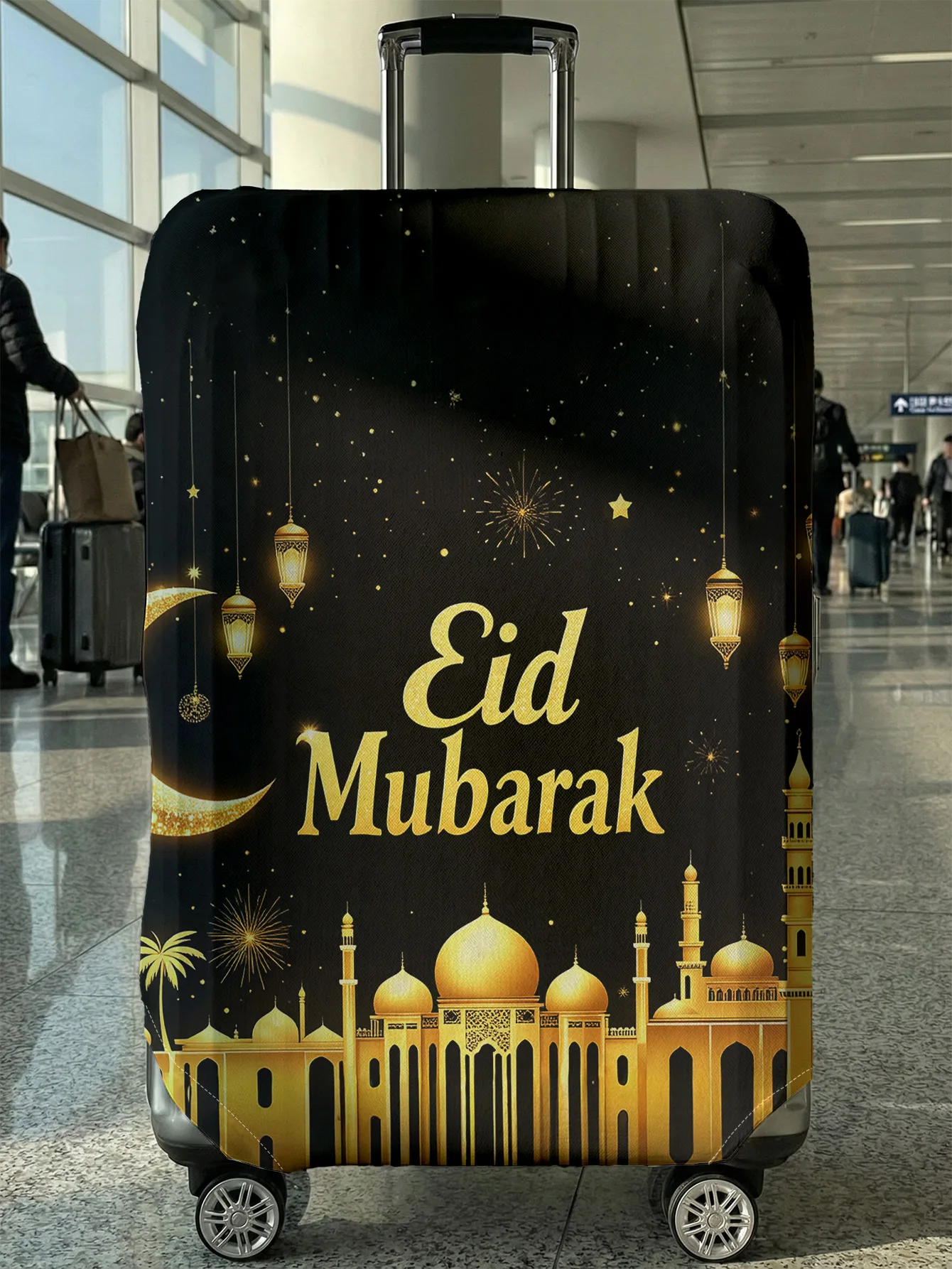 

Чехол для багажа с принтом мечети в черно-золотых тонах к празднику Ид Мубарак, подходит для чемоданов 18-32 дюймов, чехол для ручки чемодана, дорожные аксессуары