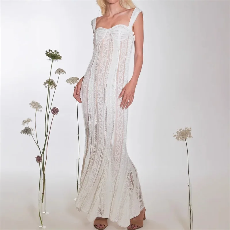 Sexy Summer White Lace Women Prom Dress Strap Sleeveless Sheath Slim Party Gown Long Robe With Lining Formal Casual Evening Gown