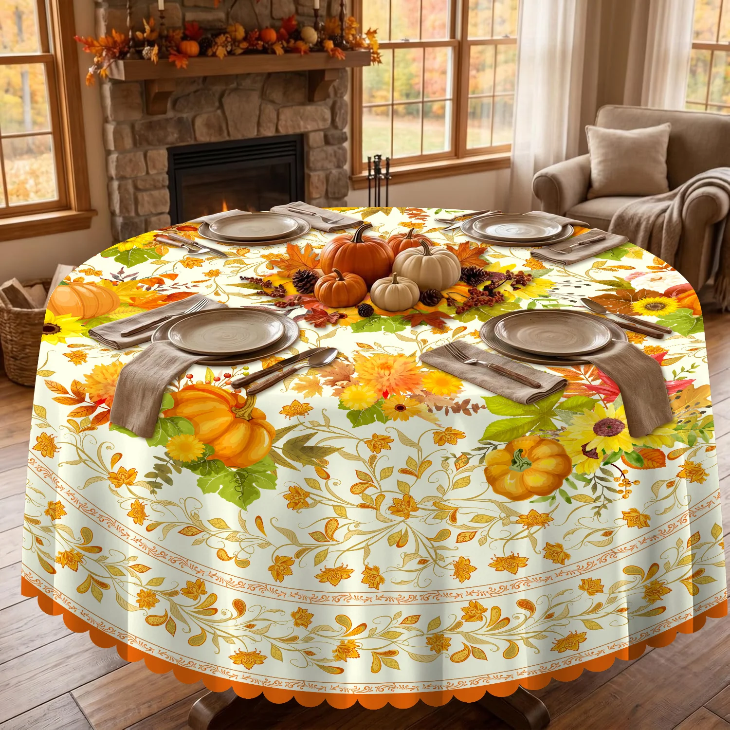 Vintage Thanksgiving Pumpkin Tablecloth Polyester Rectangle/Riund Table Cover Waterproof Stain Resistant Fall Home Garden Decor