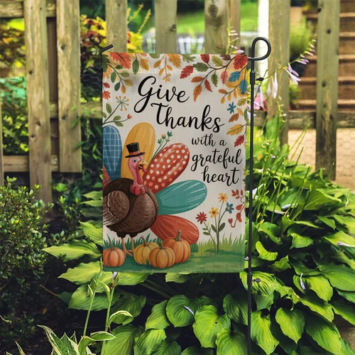 Regala grazie con una bandiera da giardino con cuore grato – Simpatica Turchia autunnale del Ringraziamento De JJE