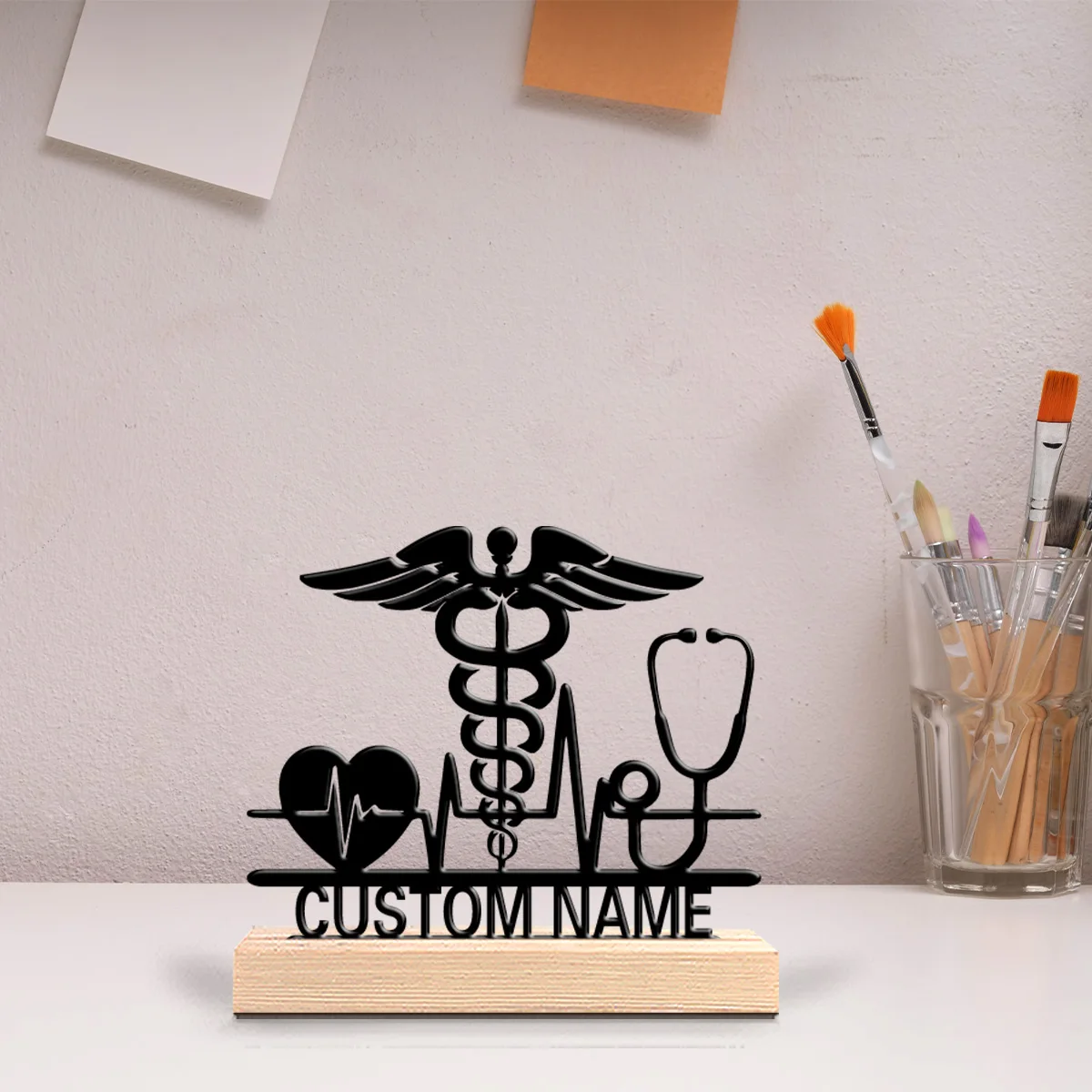 1pc Simple Customized Text Stethoscope Tin Statue Handicraft With Wood Base Metal Ornament Home Table