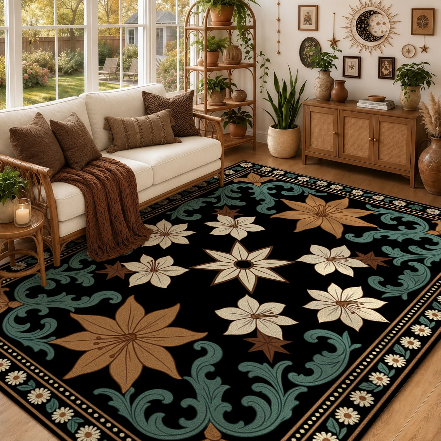 Vintage Floral Decor Pattern Area Rug, Velvet Fabric, Machine Washable, Stays Securely in Place Floor Covering, for Living Room, Bedroom, Dining Room, Entryway, Ideal for Halloween, Thanksgiving, Christmas, New Year Home Decor