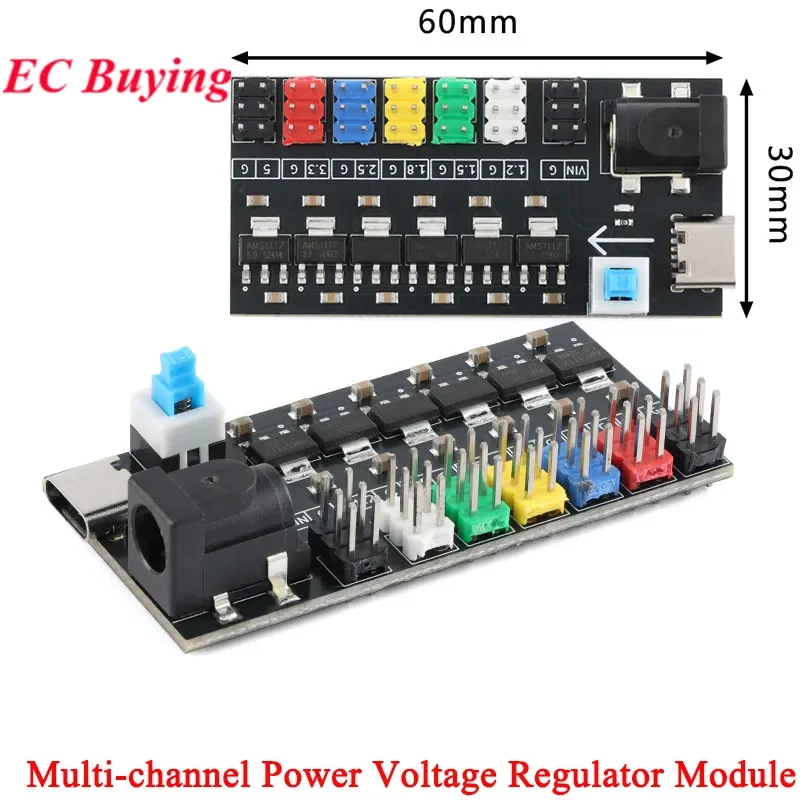 Placa de módulo regulador de voltaje de potencia multicanal tipo C enchufe CC AMS1117-1.2V/1,5 V/1,8 V/2,5 V/3,3 V/5,0 V 800mA