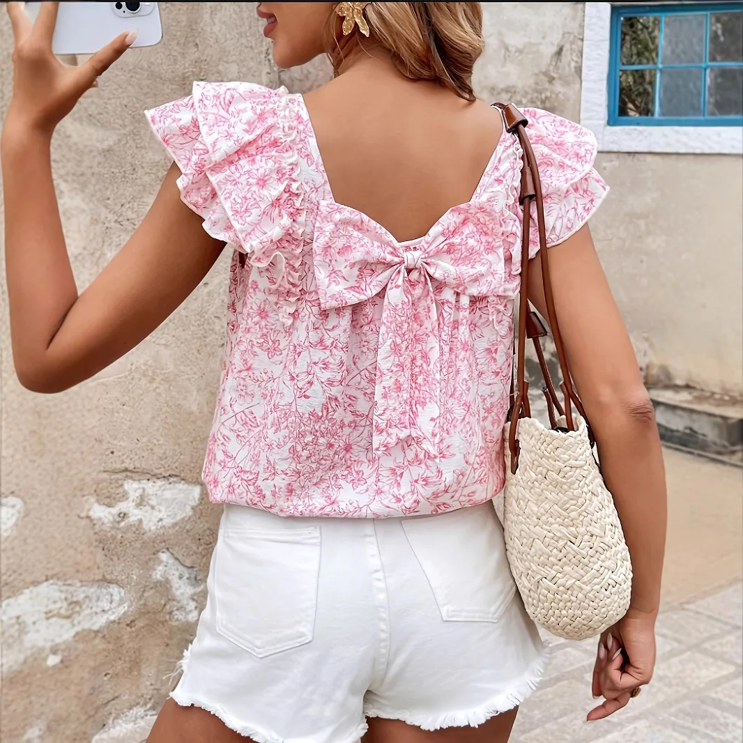 

2025 Summer Fashion Shirts Women Sweet Flying Back Bow Floral Printed Ruffles Blouse Fashion Women Square Neck Short Sleeve Tops