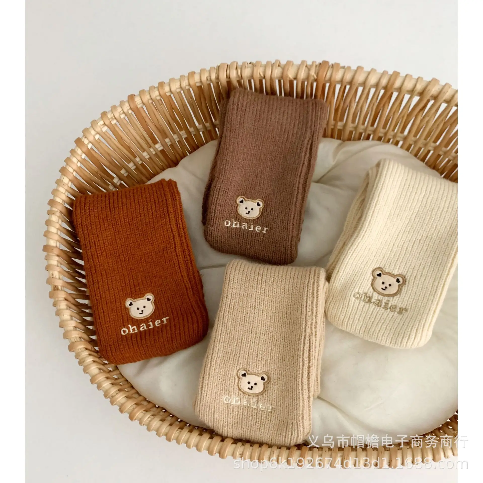 Cute Bear Children Scarf Solid Color Woolen Knit Scarves Winter Warm Kids Neck Cover 2-8year Boys Girls Baby Cross Neckerchief