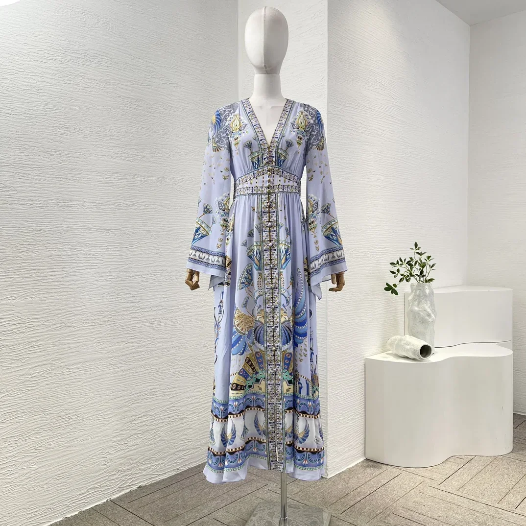 

2025 New Beautiful Violet Purple Diamonds Long Sleeve Deep V Neck Midi Dress for Holiday Silk