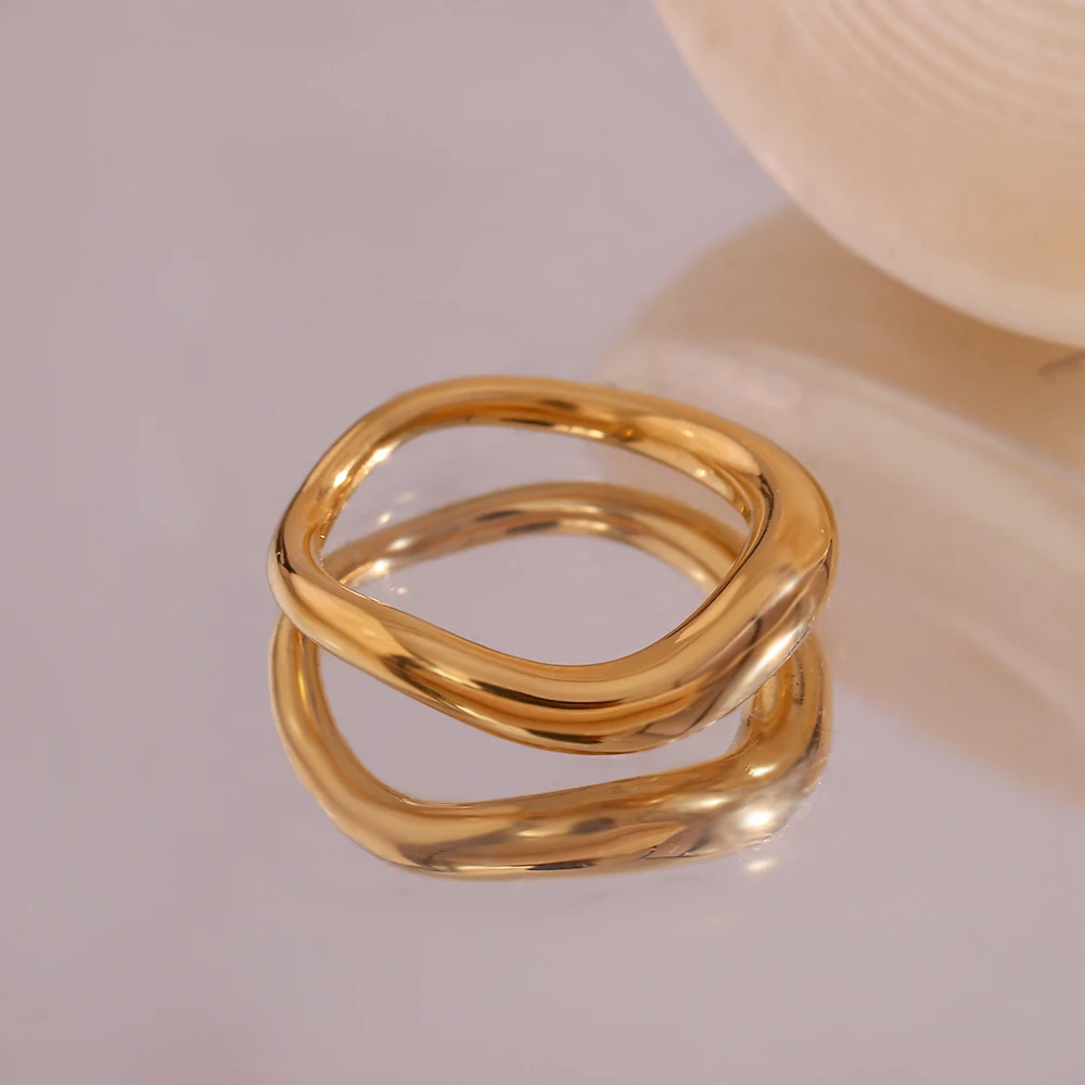 E.B.belle 2024 New In Minimalist Basic Everyday Gold Plated Stainless Steel Wave Rings For Lady Waterproof Tarnish Free Jewelry