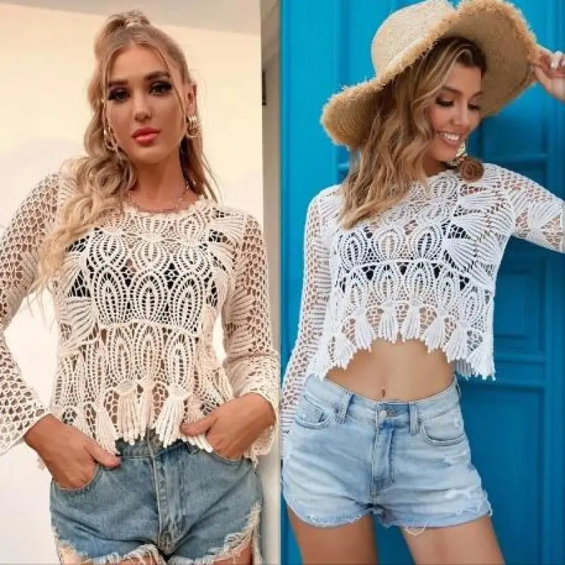 

Sexy Hollow Out Knitted Pullover Women Long Sleeve Bohemian Beach Sun Protection Cropped Top