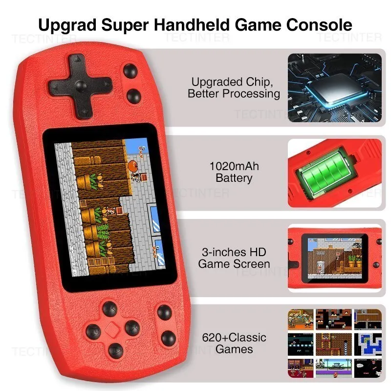 Retro videospiel konsole gebaut in 620 klassische spiele tragbare handheld game player wiederauf ladbare konsole av ouput