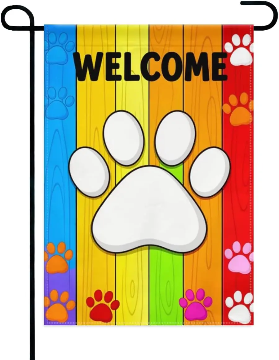 Welcome Paw Print Garden Flag 12x18 Inch Double Sided – Colorful Wood Grain Outdoor Yard Decoration for Porch, Lawn & Pa yyi