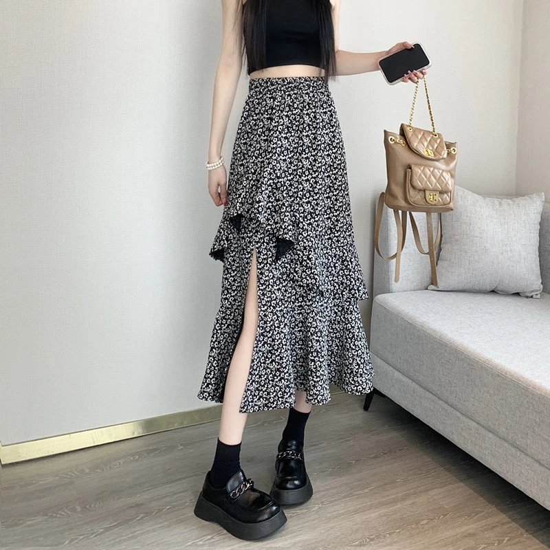 Fashionable Mid-Length Irregular Ruffled Floral Slit Half-Length A-Line Fishtail Skirt