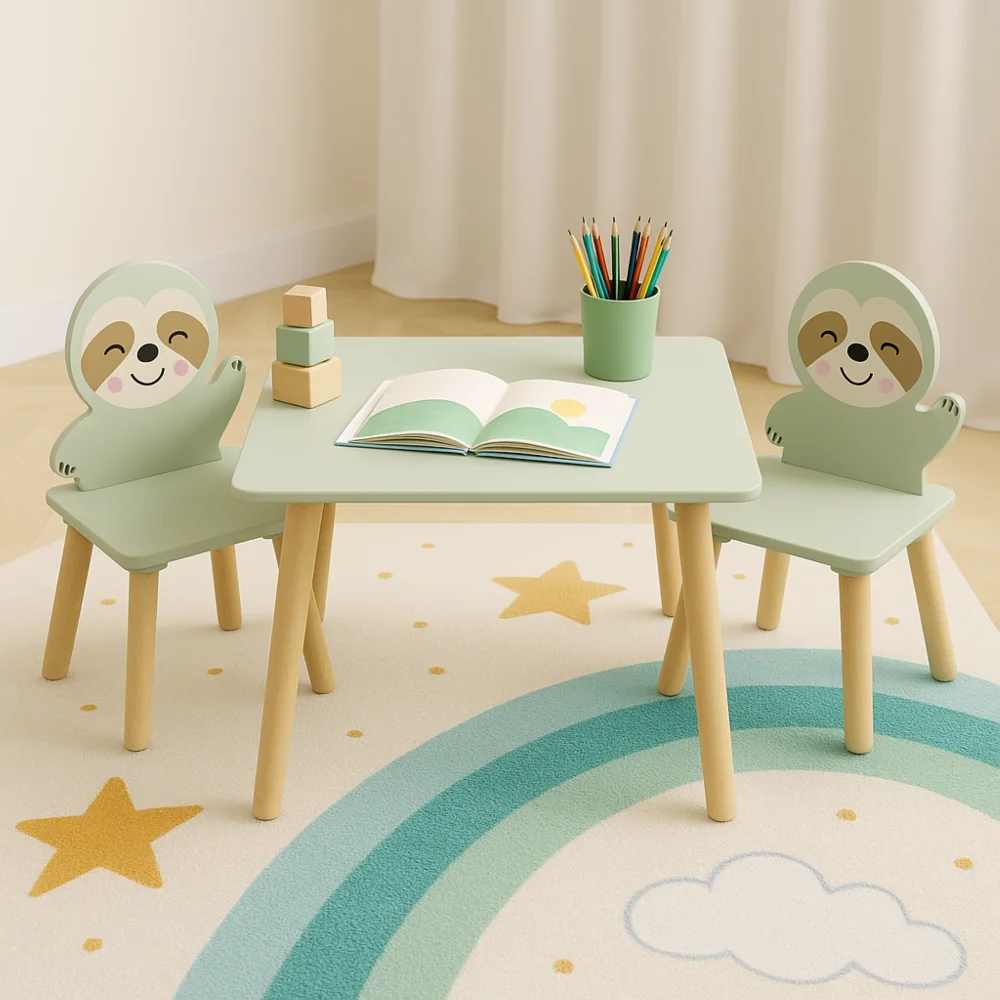 Orraves Kids Table and Chair Set with 2 Cute Sloth Chairs, Wooden Toddler Activity Table, Cute Animal Design Play & Study Set for Playroom, Bedroom, Classroom – Sage Green & Wood