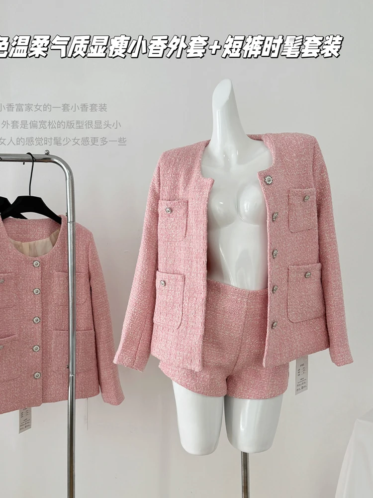 Women\'s Pink Two Piece Suit Vintage Long Sleeve Luxury Coat and Short Pants Harajuku Y2k Skirt Sets 2000s Fashion Clothes 2024