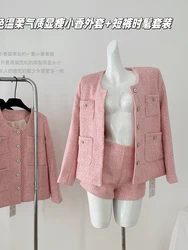 Women's Pink Two Piece Suit Vintage Long Sleeve Luxury Coat and Short Pants Harajuku Y2k Skirt Sets 2000s Fashion Clothes 2024