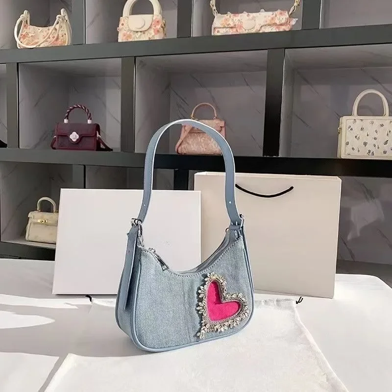 

2024 Fashionable Denim One-shoulder Underarm Handbag Niche Diamond-studded Tassel Half-moon Dumpling Women's Bag