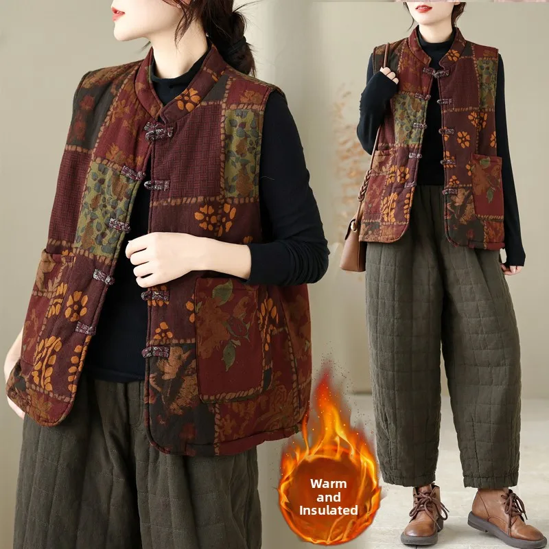 

New Chinese Sle Cotton Linen Tank Top Women's Winter Faion Print Warmth Layering Versatile Cotton Jaet Trendy