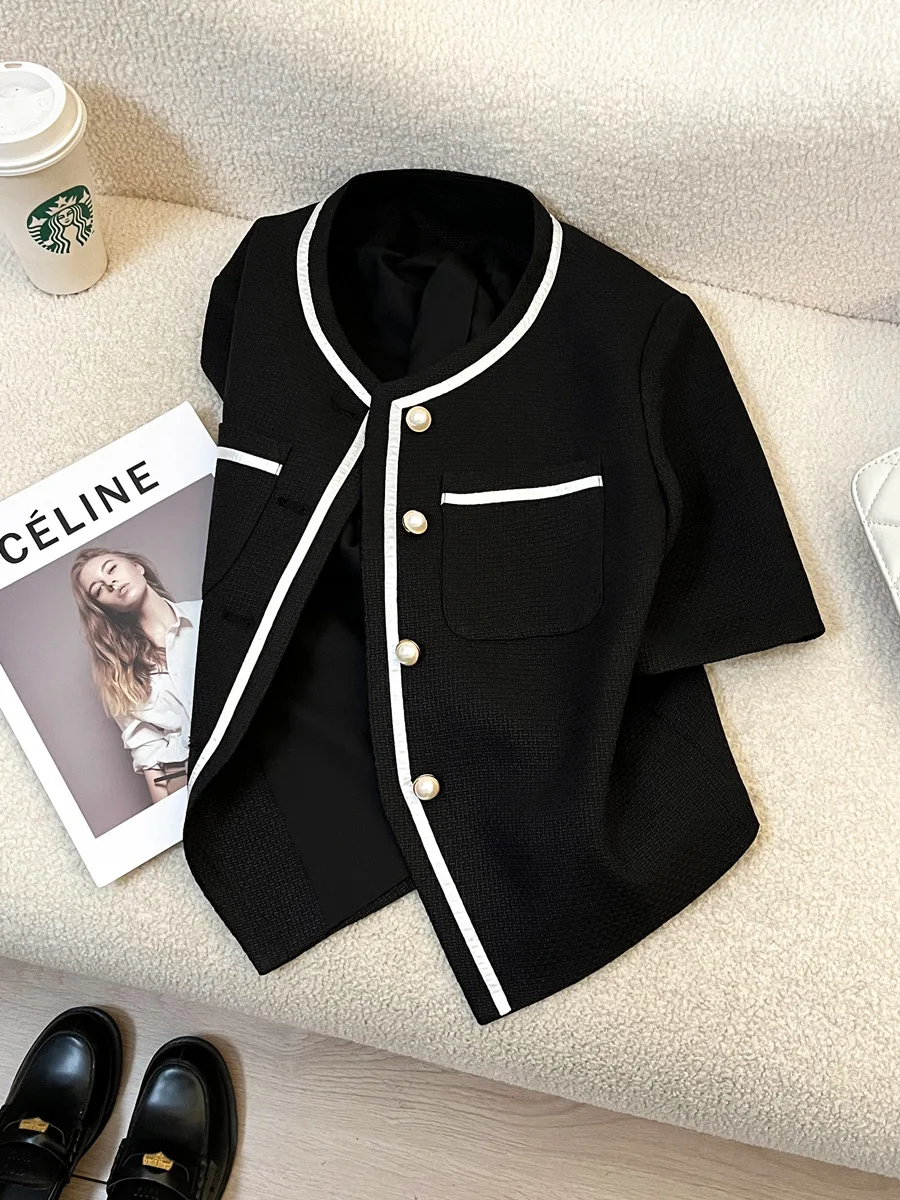 

Spring and summer women's casual solid color round neck short sleeved pocket decorative jacket