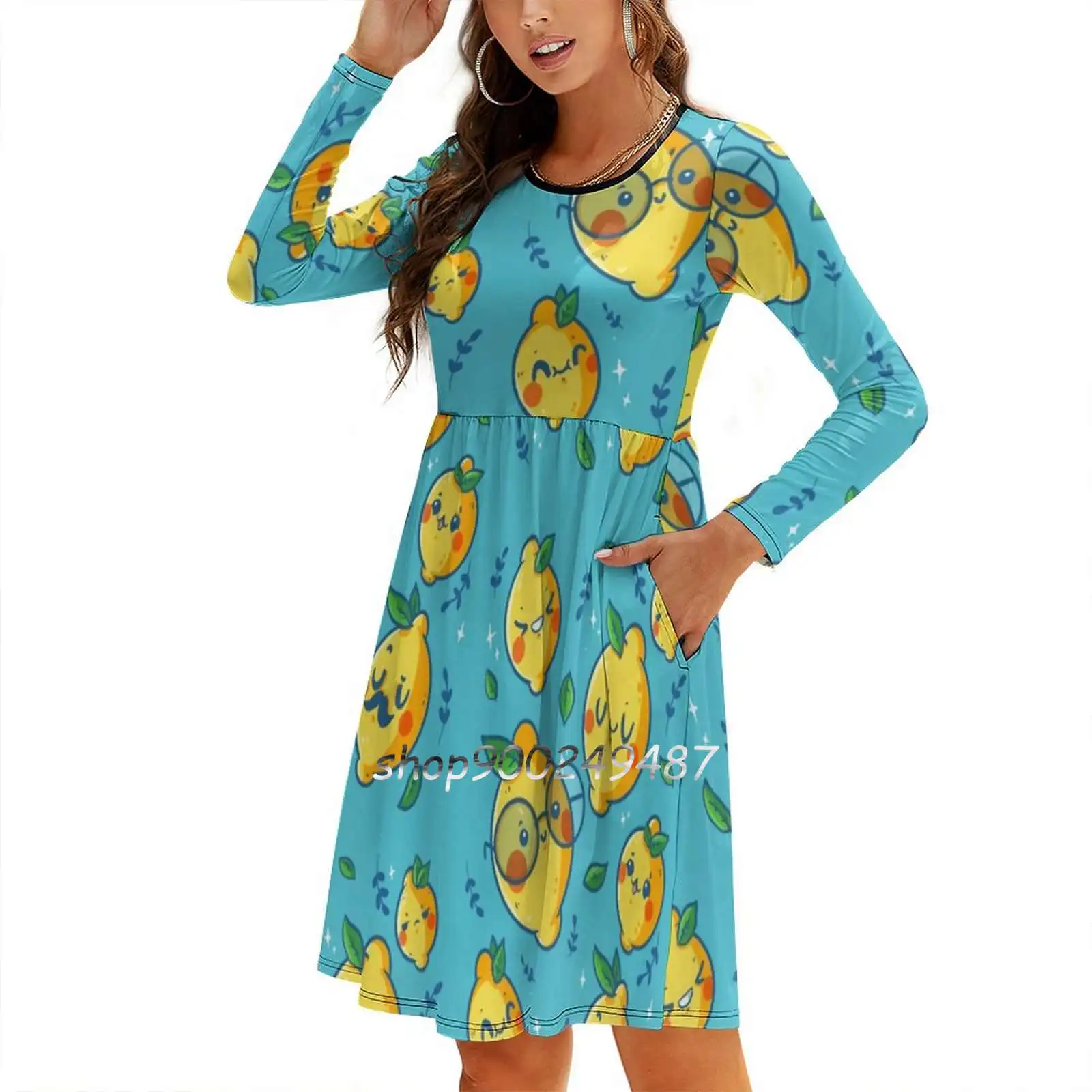 Vestido acampanado con caras de limón Vestido estampado de varios estilos Vestido de manga corta y larga Caras de limón Limones Limonada Fruta amarilla Diversión