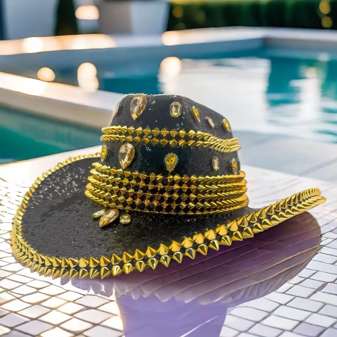 HongLuan Black Sequin Glitter Costume Hat & Cowboy Hats Rhinestone for Woman, Cowboy Cosplay Female Accessories & Cowgirl Cap