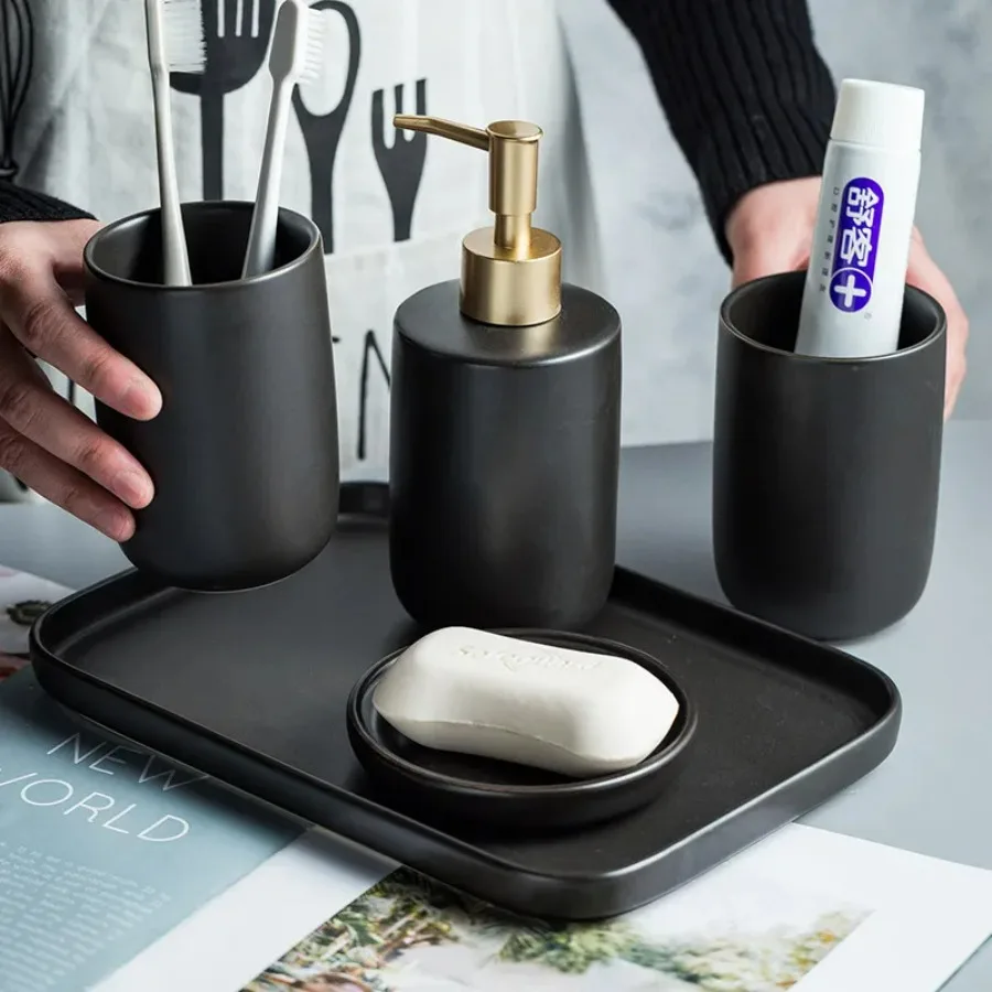 

3/4 Piece Set Mouthwash Cup Soap Dish Home Hotel Washing Accessory Suit Bathroom Wash Set Simple Ceramic Hand Soap Dispenser
