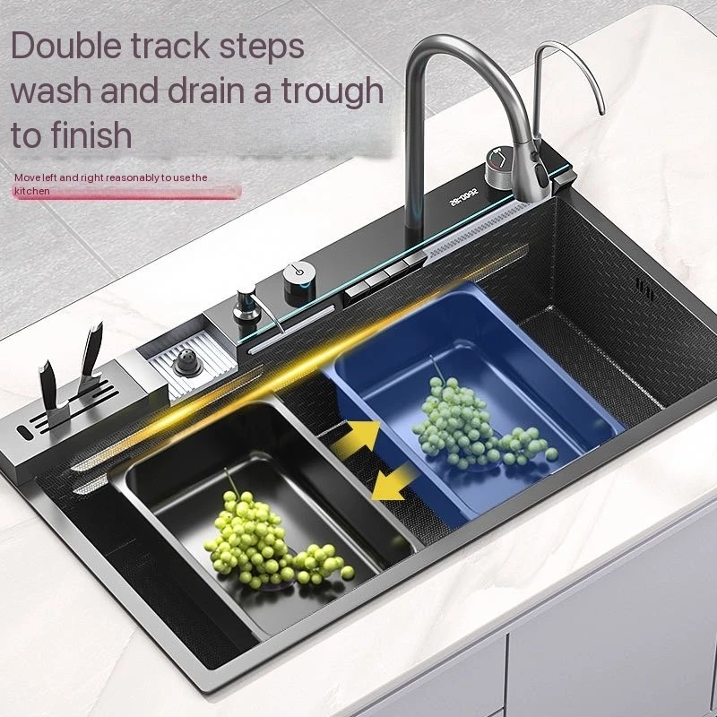 Integrated Waterfall Kitchen Sink Honeycomb Technology Large Digitial Display Stainless Steel Soap Dispenser Cup Washer