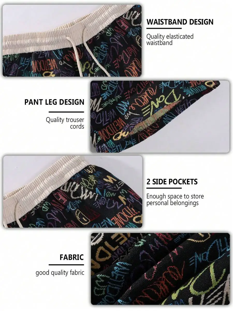 

Mens Graffiti-Print Loose Fit Shorts With Elastic Waistband And Drawstring, Two Side Pockets, Summer Casual Streetwear