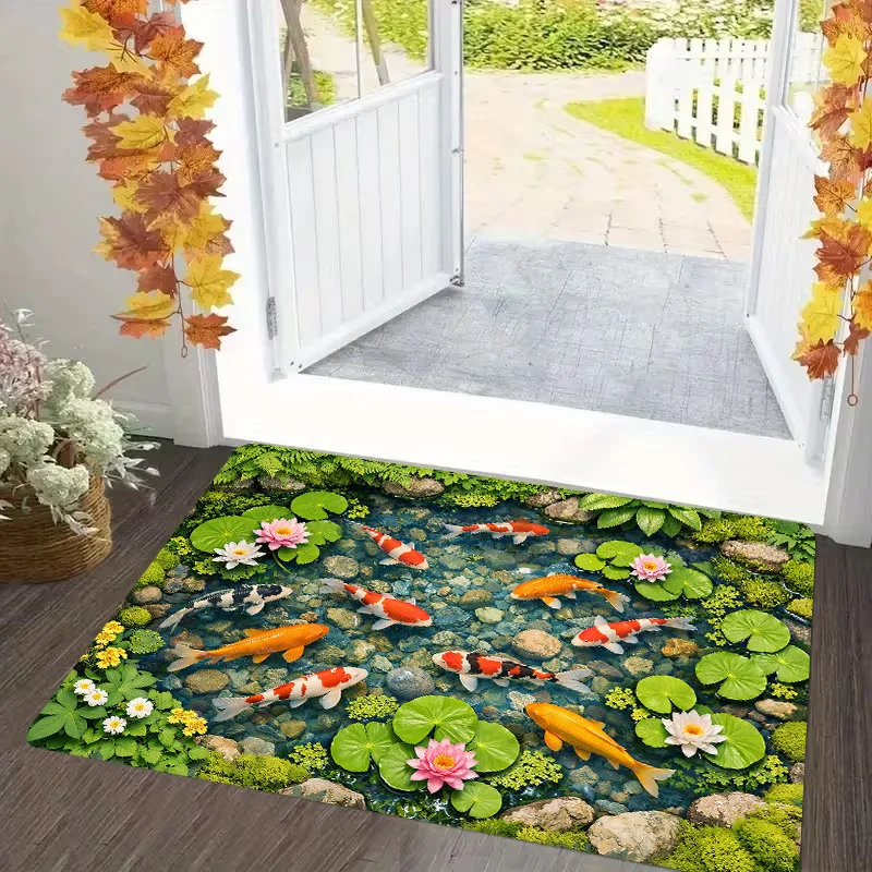 Waterproof Nature Pond Koi Fish Doormat Indoor Outdoor Welcome Mat Garden Lily Pad Tropical Floral Polyester Entrance Rug