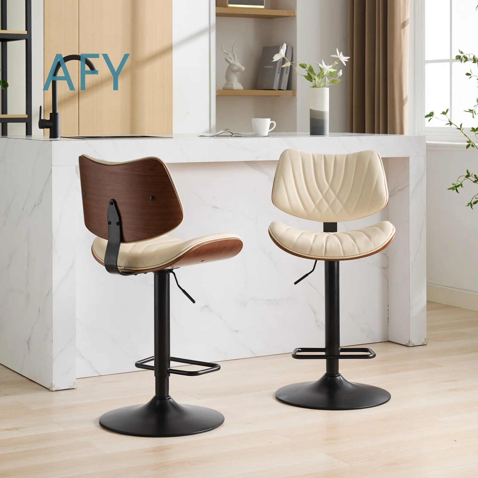 Walnut Bentwood Bar Stools for Mid Century Modern Home Bar Hotel Counter Height Adjustable 360 Swivel Leather Upholstered Bar