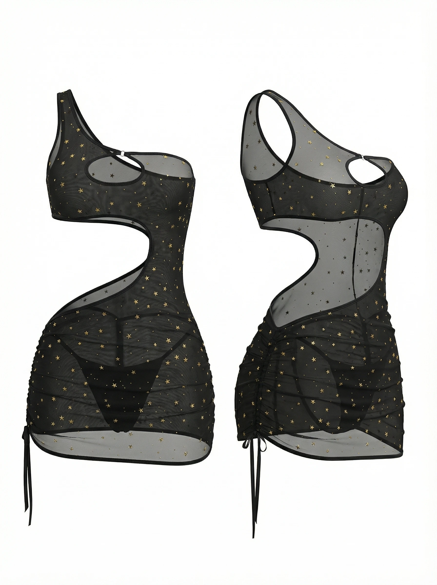 Women Asymmetrical One Shoulder Lingerie, Star Glitter Mesh Cutout Mini Night Dress With Ruched Drawstring