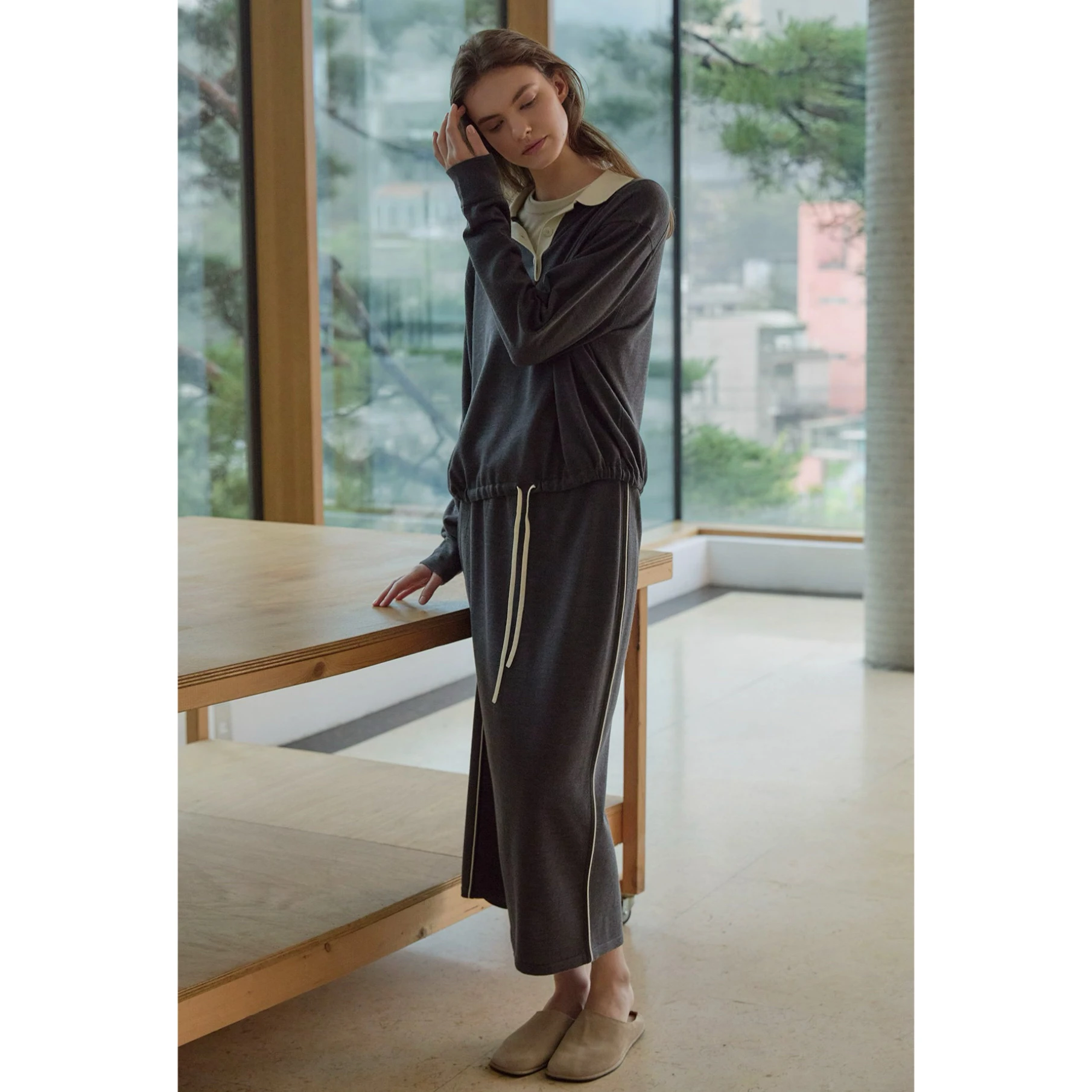 Lemon Cheese Casual Knitted  Shirt And Straight Skirt Set Autumn Fashion Ensemble Long Sleeve Long Pants Winter Ready