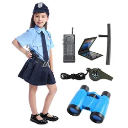 Girl Police Costume Female Police Uniform Dress Halloween Dress Up American Police Toy Accessories with Pistol Handcuffs Gift