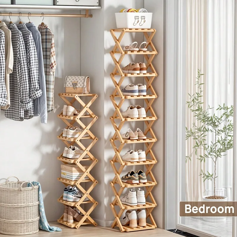 1 Piece 6/8-Tier Bamboo Minimalist Style Collapsible Shoe Organizer, Space-Saving, Large Capacity, Easy Assembly, For Apartment/Entrance/Corridor/Bedroom/Bathroom/Workplace, Brown/Natural Color Optional