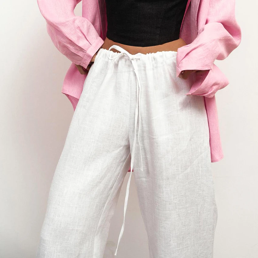 Linad Pantaloni casual bianchi larghi con coulisse Pantaloni da ufficio in cotone e lino a gamba larga Pantaloni lunghi a vita alta vintage autunnali femminili 2025