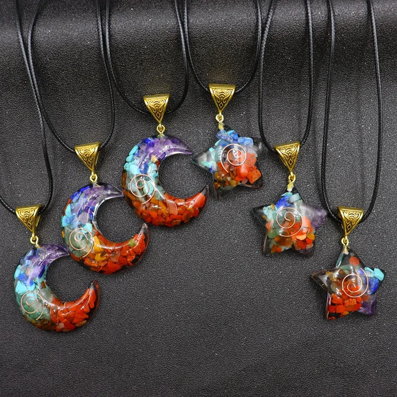 Fashion Colorful Floral Stone Resin Star Moon Necklace Classic Retro Personality Epoxy Resin Chakra Shiny Star Moon Pendant Gift