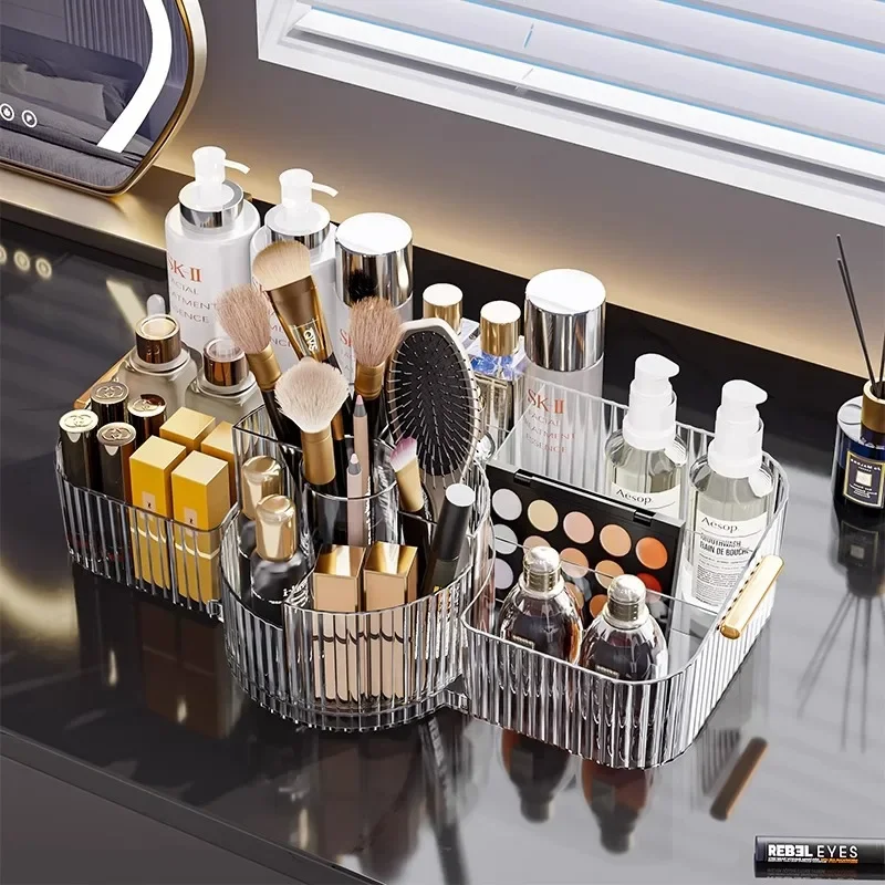 

360-Degree Spinning Makeup Storage Box - Clear Acrylic Divided Compartments for Cosmetics Dustproof Bathroom & Bedroom Organizer