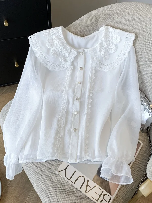 

Sweet Doll Collar Loose Lantern Sleeve Women's Shirt Korean Style Commute Fashion Polyester Long Sleeve Button up Top