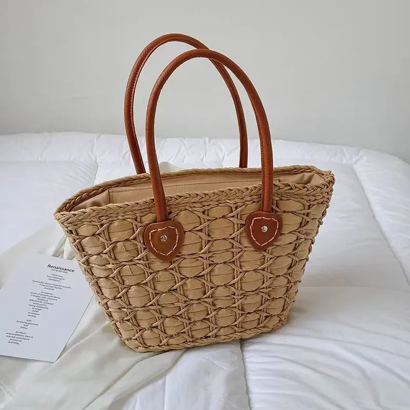 Retro European American woven straw tote bag for women beach handbag large capacity vegetable basket shoulder bag view 4
