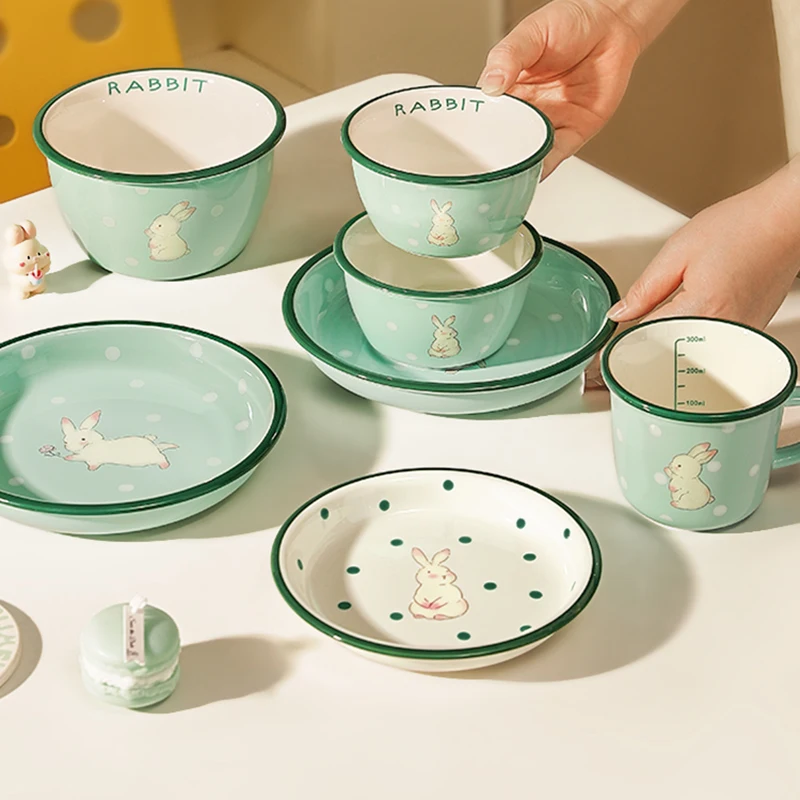 لطيف أرنب السيراميك أواني الطعام مجموعة الأطفال وعاء الأرز رسمت باليد الكرتون سعة كبيرة طبق فاكهة فرن الميكروويف الآمن