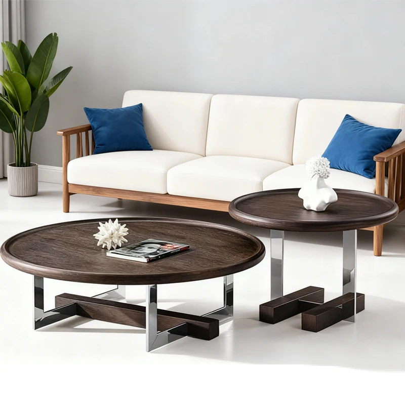 

For Metal Frame Walnut Industrial Coffee Table Round Shape Metal Legs Retro Modern Extendable Luxury Living Room Furniture