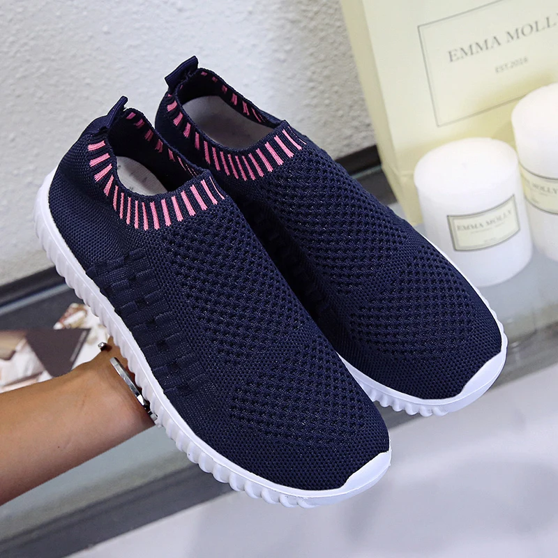 2024 Soft Bottom Knitting Sneakers Women Slip-on Breathable Mesh Flats Shoes Woman Non-slip Plus Size 43 Sock Shoes Platform