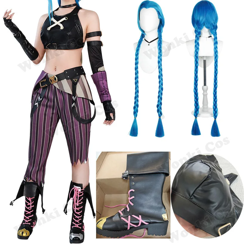 Anime Arcane Jinx 코스프레 의상 신발 부츠 Jinx Cosplay 가발 긴 머리 여성용 할로윈 파티 카니발 의상