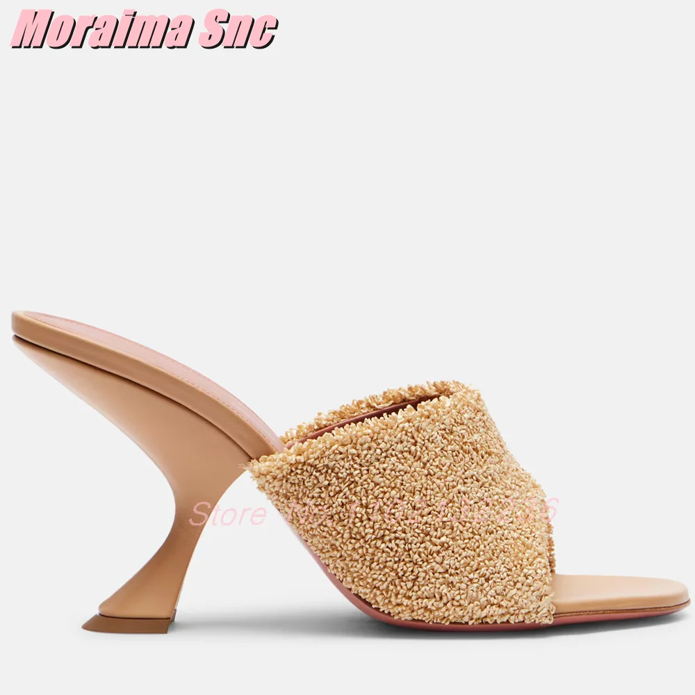 

Apricot Strange Heel Round Open Toe Mules Fashion Unique Fur Slip On Shallow Women's Summer Slippers Banquet Shoes Solid 2025