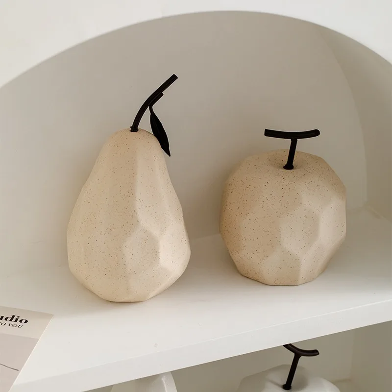 Geometric Fruit Ceramic Figurines, Faceted Apple & Pear Statue, Modern Tabletop Home Decoration Ornament